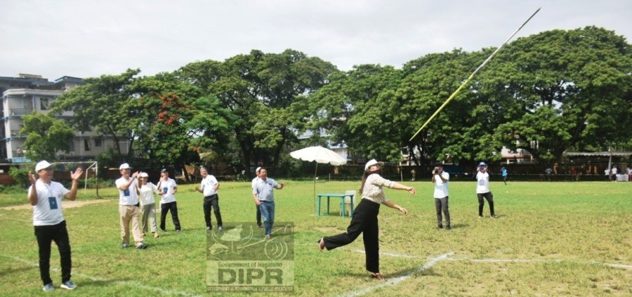ADC Dimapur, Mhalo Humtsoe declaring the 1st State Open Javelin Throw Championship 2022 at GHSS ground, Dimapur on August 6. (DIPR Photo)